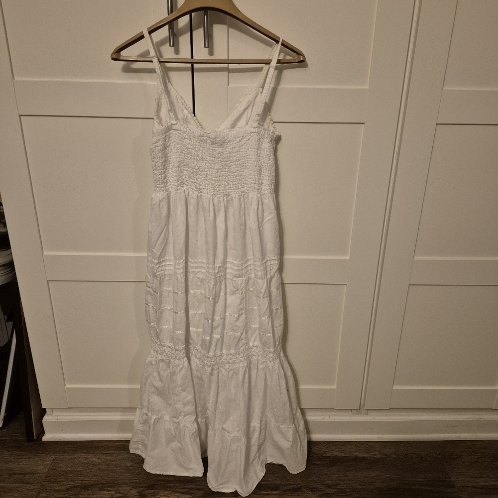 Speed Control NY White Cotton Boho Maxi Dress L - Smocked Eyelet Tiered - Picture 3 of 7